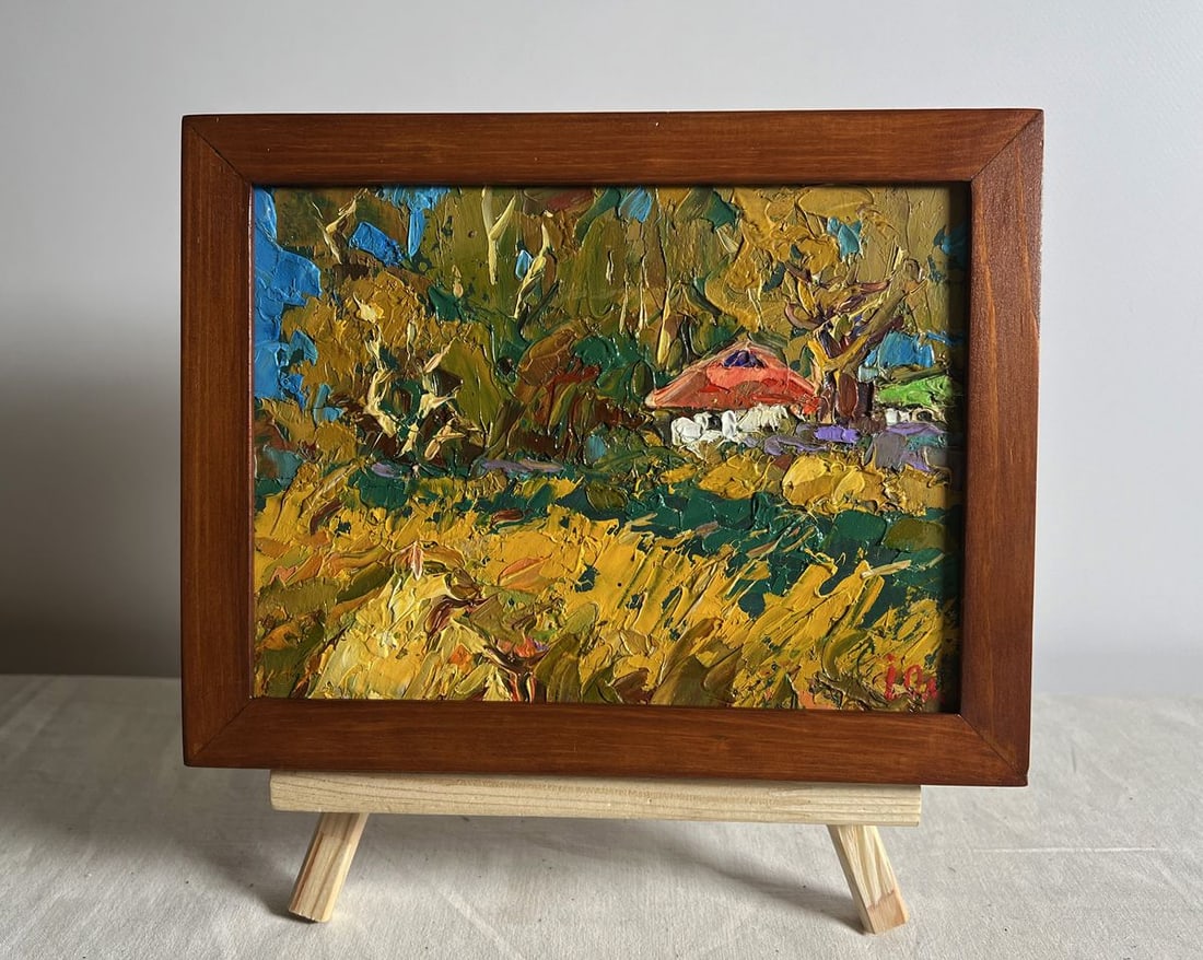 Oil painting Evening is coming in the village Alex Kalenyuk: NoAAA3886This oil painting cardboard, titled "Evening is coming in the village", the painting evokes a deep sense of tranquility, warmth, and the natural rhythm of life as evening descends upon the co