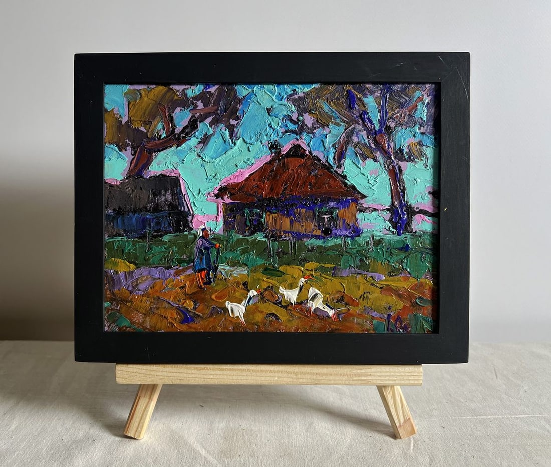Oil painting A flock of geese in the evening Alex Kalenyuk: NoAAA3893This oil painting cardboard, titled "A flock of geese in the evening", the composition immerses the viewer in the peaceful atmosphere of a countryside evening, where simple, everyday life unf