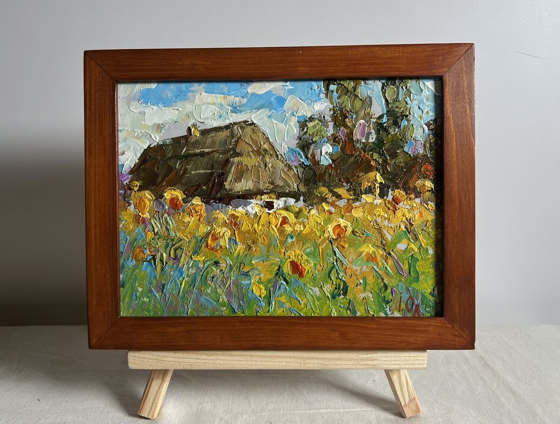 Oil painting House and Sunflowers Alex Kalenyuk: NoAAA3899This oil painting cardboard, titled "House and Sunflowers", the artist uses a dynamic impasto technique, layering thick, expressive brushstrokes that give the painting a lively texture and a