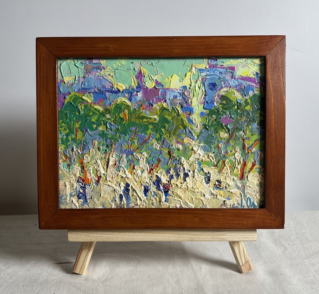 Oil painting Morning city life Alex Kalenyuk: NoAAA3903This oil painting cardboard, titled "Morning city life", the lively color palette evokes the freshness of morning while emphasizing the daily rhythm of city life. In the foreground, a busy