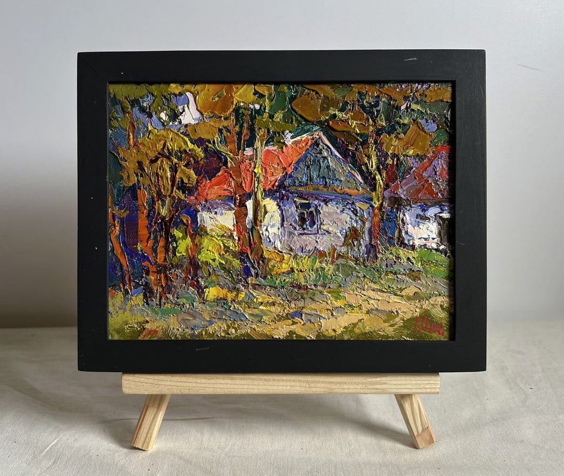 Oil painting A quiet corner in the village Oksana Kalenyuk: NoAAA3912This oil painting cardboard, titled "A quiet corner in the village", the artist masterfully uses vivid colors and dynamic brushstrokes to evoke a serene atmosphere, bringing the quiet