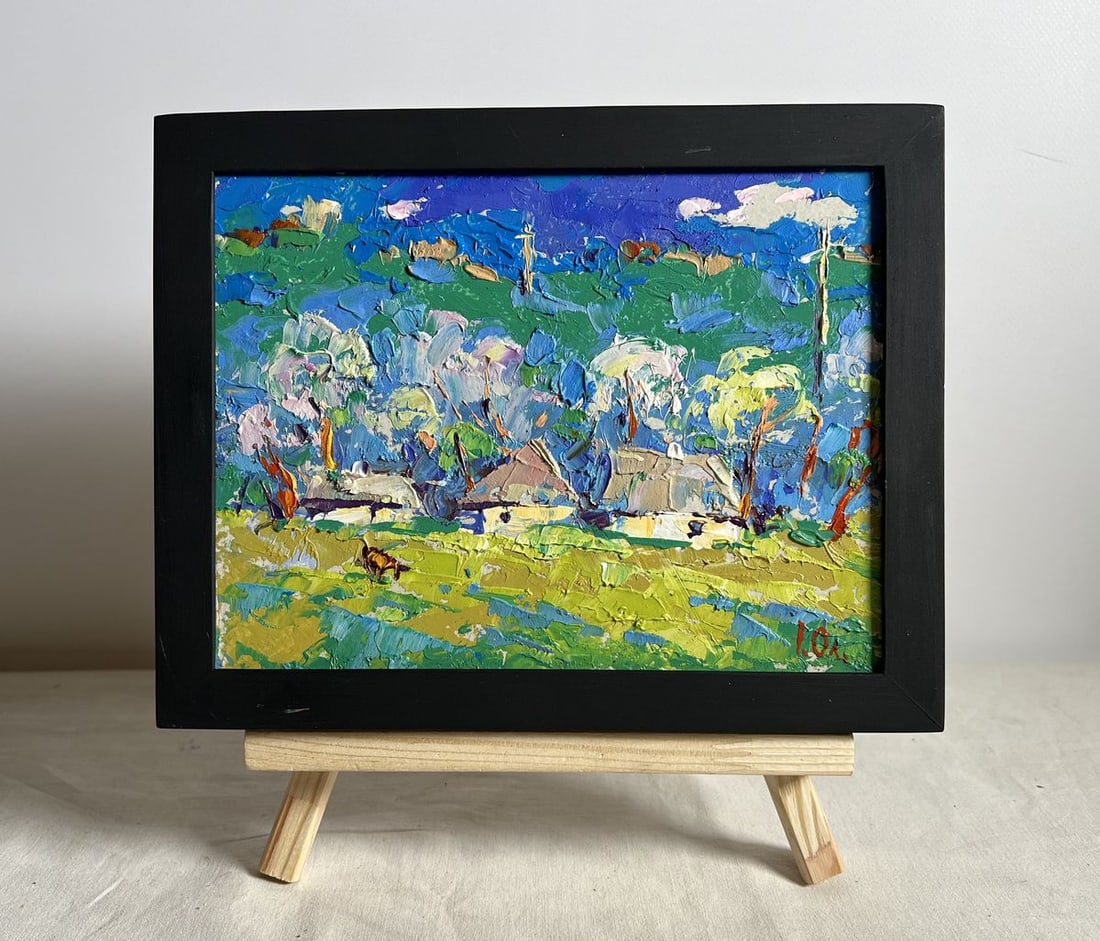 Oil painting Spring morning Alex Kalenyuk: NoAAA3914The artwork "Spring Morning" depicts a vibrant rural landscape, rich with bold textures and a bright color palette characteristic of spring. The composition features traditional village house