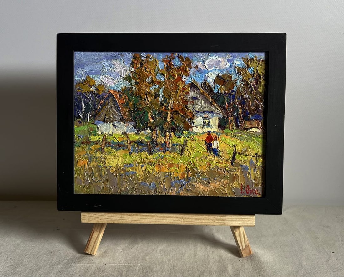 Oil painting Sunny courtyard Oksana Kalenyuk: NoAAA3967This oil painting cardboard, titled "Sunny courtyard", the artist employs an expressive impasto technique, using thick, textured brushstrokes to create a rich, dynamic composition. The interp