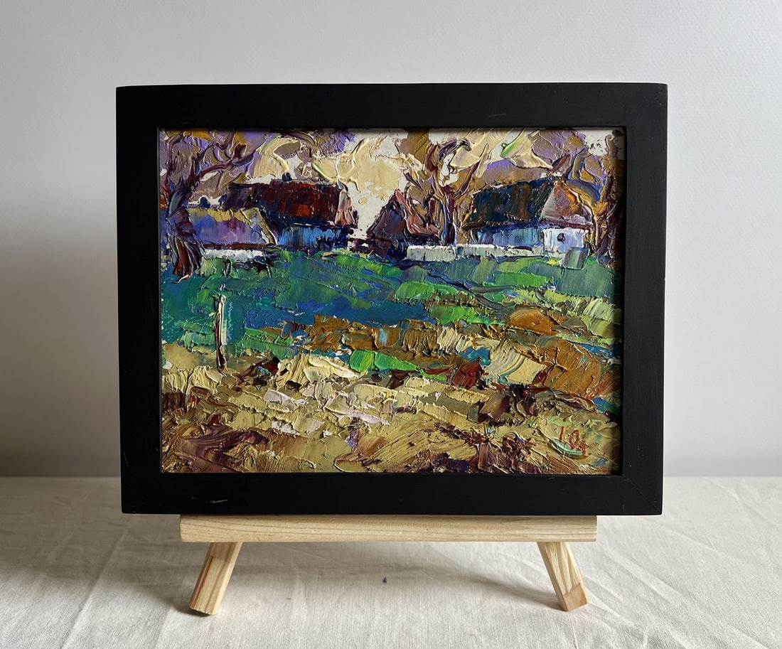 Oil painting Sunset behind the houses Alex Kalenyuk: NoAAA3981This oil painting cardboard, titled "Sunset behind the houses", the artist uses a thick impasto technique, layering bold, textured brushstrokes to bring depth and movement to the
