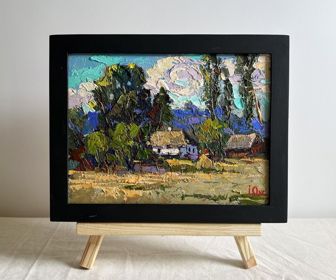 Oil painting Light summer breeze Oksana Kalenyuk: NoAAA3999This oil painting cardboard, titled "Light summer breeze", the rich interplay of colors-from warm earthy tones to cool blues and greens-brings the landscape to life, evoking the gentle