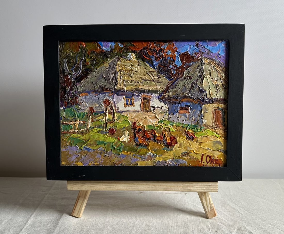 Oil painting Chickens in the yard Oksana Kalenyuk: NoAAA4004This oil painting cardboard, titled "Chickens in the yard", the harmonious blend of earthy tones, warm golden light, and vibrant accents creates an inviting and nostalgic atmosphere. In the