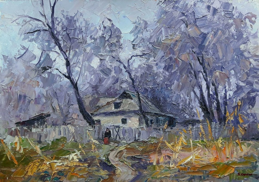 Oil painting Grandma's House Serdyuk Boris Petrovich: NoSERB 55 * TITLE: "Grandma's House" * ARTISTS: Serdyuk Boris Petrovich * SIZE: 50x24 cm/'19.68x9.44 inches' * MEDIUM: oil, cardboard * HAND PAINTED: Original painting from our collection * CONDITION: