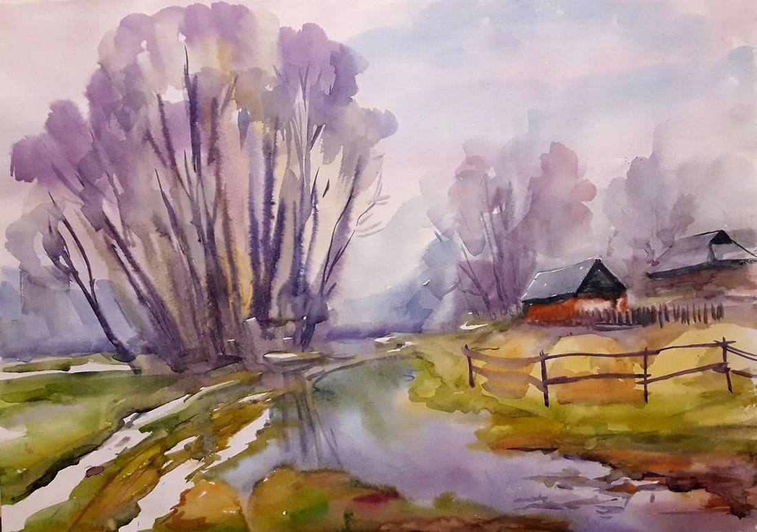 Watercolor painting The snow is melting Serdyuk Boris Petrovich: NoSERB 607 *** ABOUT THIS PAINTING *** * TITLE: "The snow is melting" * ARTISTS: Serdyuk Boris Petrovich * SIZE: 38x50 cm/'14.96x19.68 inches' * MEDIUM: watercolor, paper * HAND PAINTED: Original pain