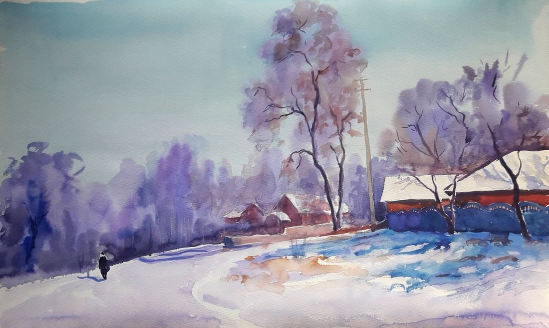 Watercolor painting Frosty day Serdyuk Boris Petrovich: NoSERB 681 *** ABOUT THIS PAINTING *** * TITLE: "Frosty day" * ARTISTS: Serdyuk Boris Petrovich * SIZE: 35.5x59 cm/'13.97x23.22 inches' * MEDIUM: watercolor, paper * HAND PAINTED: Original painting fr