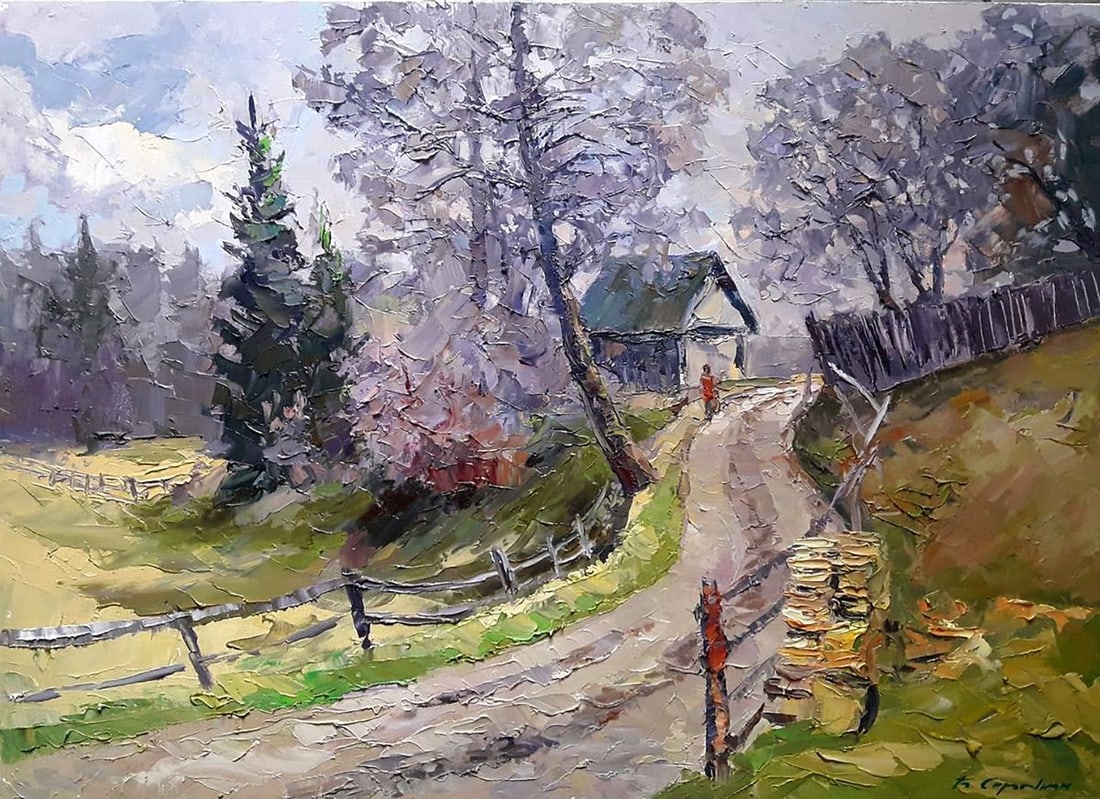 Oil painting The vicinity of Vorokhta Serdyuk Boris Petrovich: NoSERB 879The oil painting is a picturesque depiction of a spring day. The colors used are vivid and vibrant, capturing the essence of the season. The painting features a beautiful landscape with bloo