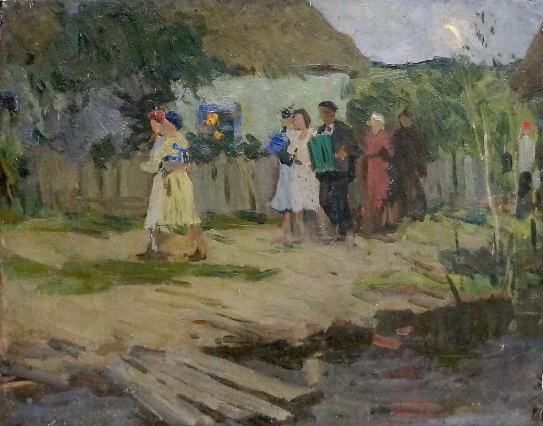 Oil painting Wedding Plamenitsky Anatoly Alexandrovich: NoVern 515 *** ABOUT THIS PAINTING *** * TITLE: "Wedding" * ARTISTS: Plamenitsky Anatoly Alexandrovich * SIZE: 61x48 cm/'24.01x18.89 inches' * MEDIUM: oil, hardboard * HAND PAINTED: Original painting