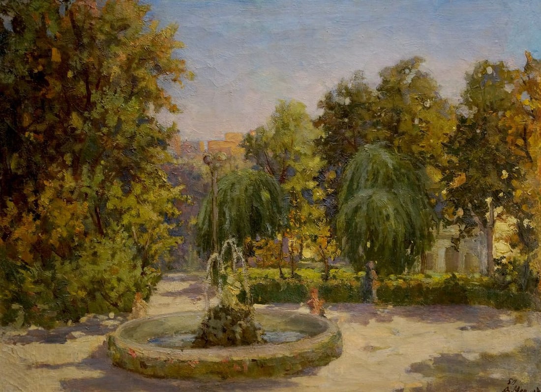 Oil painting A park Nevkrytyy Denys Nykyforovych: NoVern 652 *** ABOUT THIS PAINTING *** * TITLE: "A park" * ARTISTS: Nevkrytyy Denys Nykyforovych * SIZE: 52x67 cm/'20.47x26.37 inches' * MEDIUM: oil, canvas * HAND PAINTED: Original painting from our 