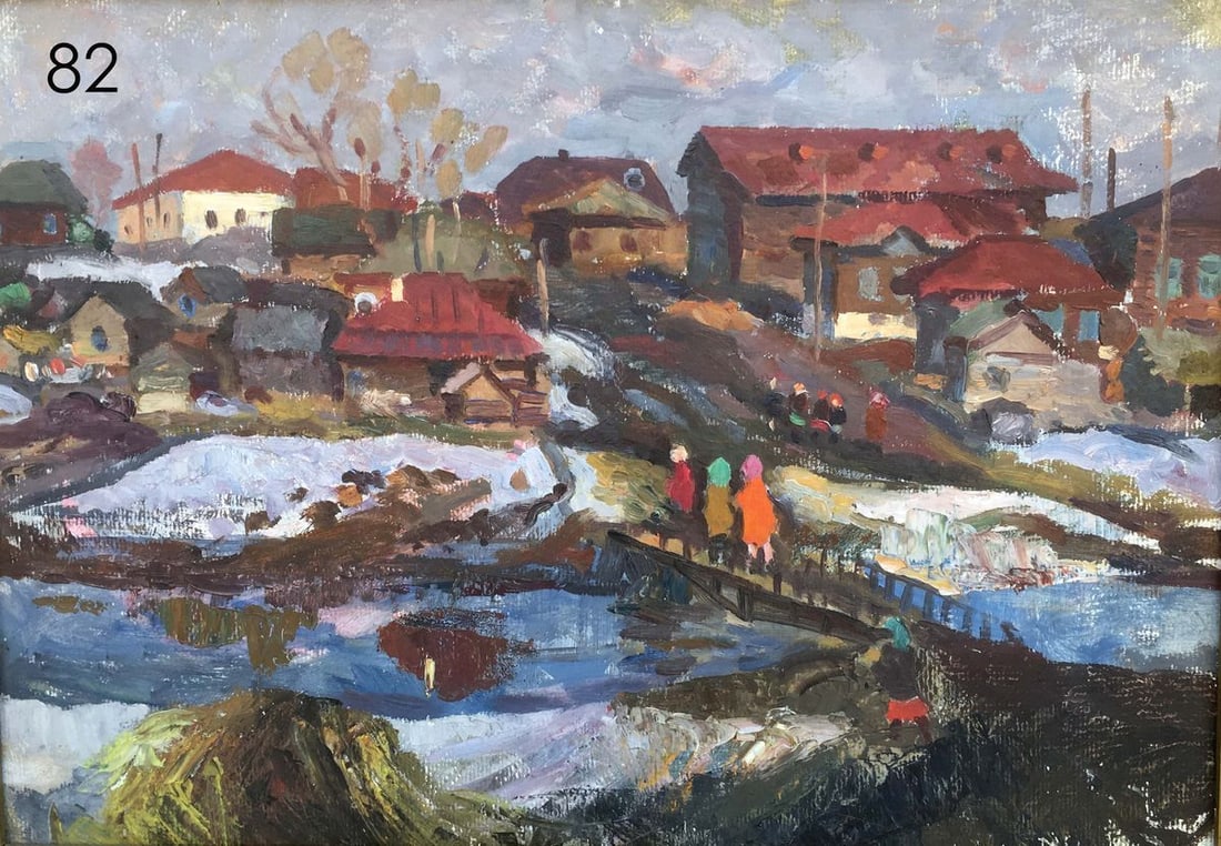 April in the village oil painting Pavel Leontievich Porotnikov: No82 * TITLE: "April in the village" * ARTIST: Pavel Leontievich Porotnikov * SIZE: 50x70cm/'19,68x27,55 inches' * MEDIUM: oil, cardboard * HAND PAINTED: Original painting from our collection We offer