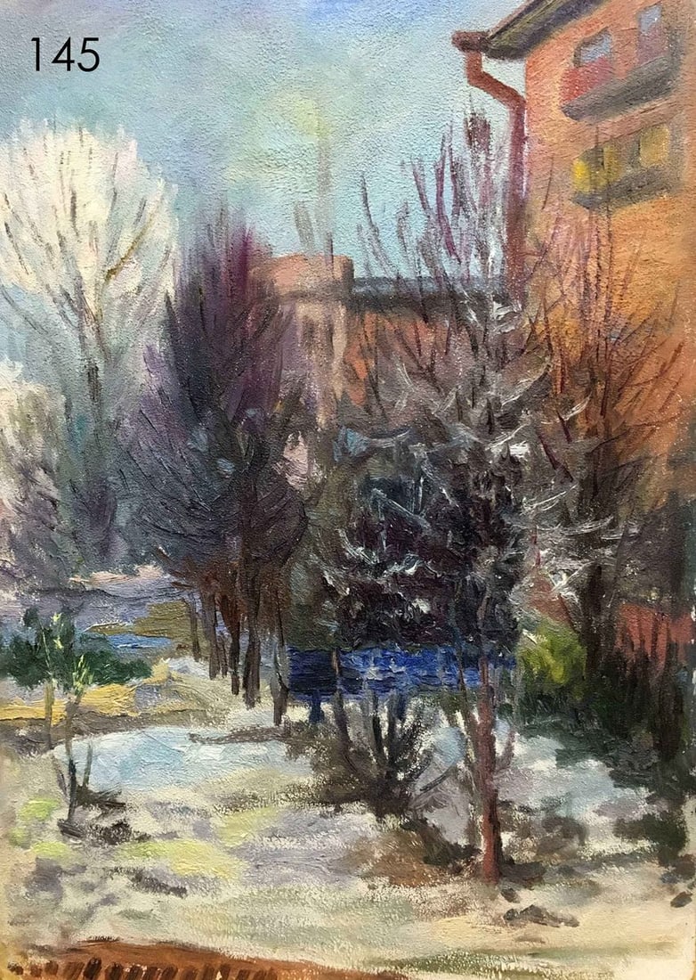 High-rise buildings oil painting Psunenko: No145 * TITLE: "High-rise buildings" * ARTIST: Psunenko * SIZE: 35x50cm/'13,77x19,68 inches' * MEDIUM: oil, cardboard * HAND PAINTED: Original painting from our collection We offer frames crafted from