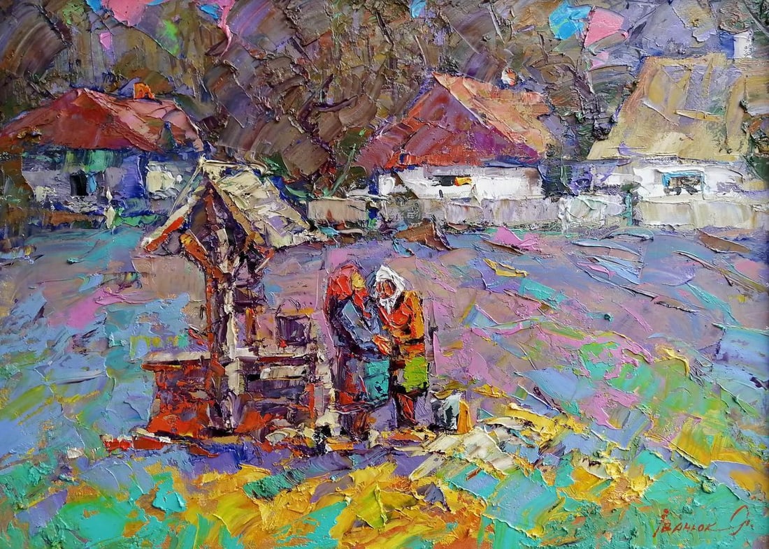 Oil painting At the well Kalenyuk Alex: NoKalen 140 *** ABOUT THIS PAINTING *** * TITLE: "At the well" * ARTISTS: Kalenyuk Alex * SIZE: 50x70 cm/'19.68x27.55 inches' * MEDIUM: oil, canvas * HAND PAINTED: Original painting from our collectio