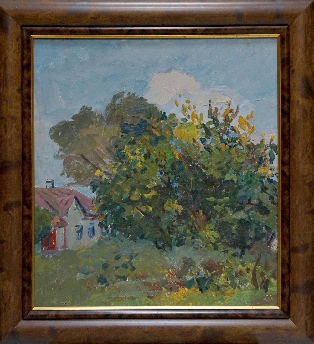Oil painting House landscape Gantman Moses Faybovich: NoVern 1471 *** ABOUT THIS PAINTING *** * TITLE: "House landscape" * ARTISTS: Gantman Moses Faybovich * SIZE: 50x45 cm/'19.68x17.71 inches', frame size: 62x58 cm/'24.40x22.83 inches' * MEDIUM: oil, ca