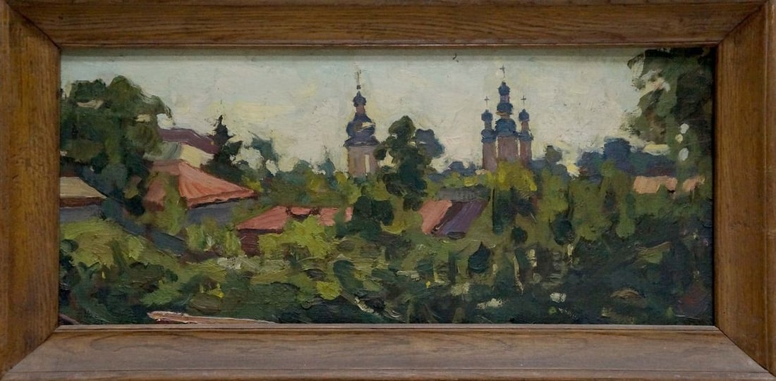 Oil painting Landscape with churches Basanets Petr Alekseevich: NoVern 1491 *** ABOUT THIS PAINTING *** * TITLE: "Landscape with churches" * ARTISTS: Basanets Petr Alekseevich * SIZE: 22x50 cm/'8.66x19.68 inches', frame size: 28x55 cm/'11.02x21.65 inches' *