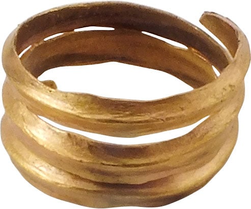 VIKING COIL RING, 9TH-10TH CENTURY, SIZE 10: Gold over bronze. 2 2/3 turns, size 10 3/4. Flat inside, the top with a high medial ridge flanked by concave sections. Made by the lost wax process, coil beads, rings, and other adornment elements wer