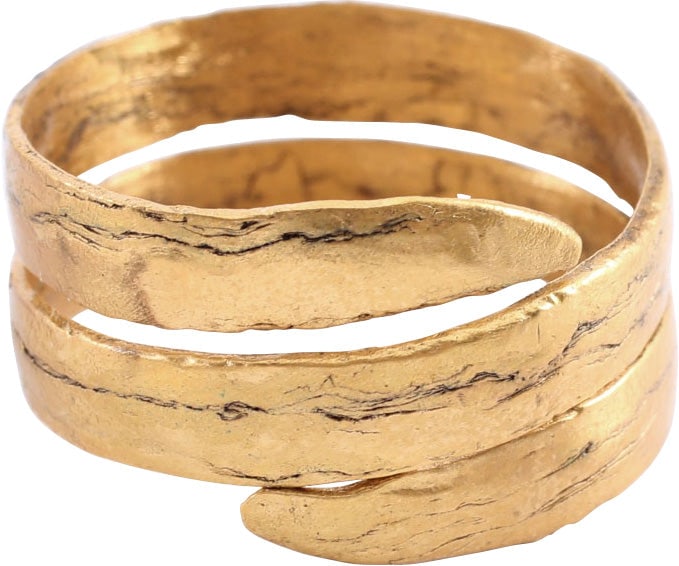 ANCIENT VIKING COIL RING, 850-1050 AD SIZE 10 ¾: Gold over bronze. 2 ¼ turns to 12.6mm maximum width. Size 10 3/4. Very low rounded face, perhaps more prominent when new, now somewhat worn from use and burial. Made by the lost wax process, coil