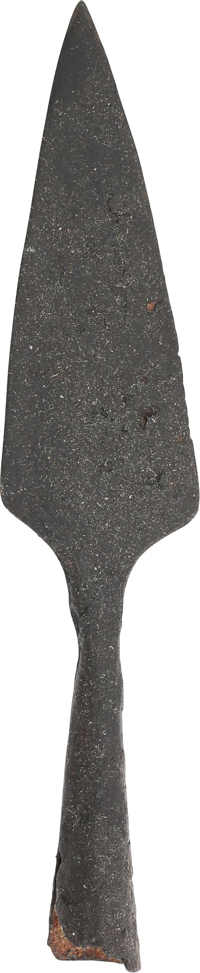 FINE VIKING SOCKETED ARROWHEAD, C.866-1067 AD: 4 1/4" length with butted side seam conical socket and broad tapered point of flesh cutting form and section. The point is flat on both sides, intended for attacking victims unprotected by the padded 