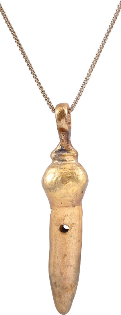ROMAN GLADIUS PENDANT NECKLACE, 1ST-3RD CENTURY AD: The period of Christ, and the persecution of Christians. Just under 1 7/8” (1.86”) in length including the suspension loop. Hilt with a globular terminal. Leaf shaped blade, pierced for su