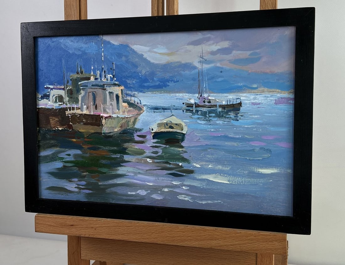 Oil painting Yacht Standing on a pier in the sea Yuriy Suprunchuk - 4