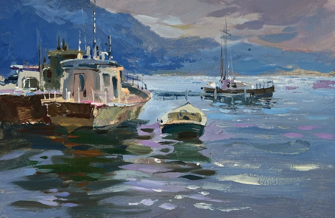 Oil painting Yacht Standing on a pier in the sea Yuriy Suprunchuk - 5