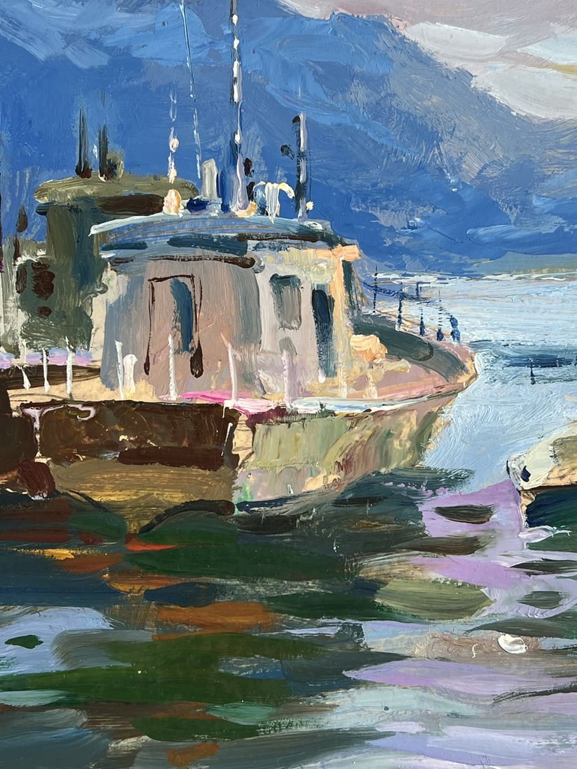 Oil painting Yacht Standing on a pier in the sea Yuriy Suprunchuk - 6