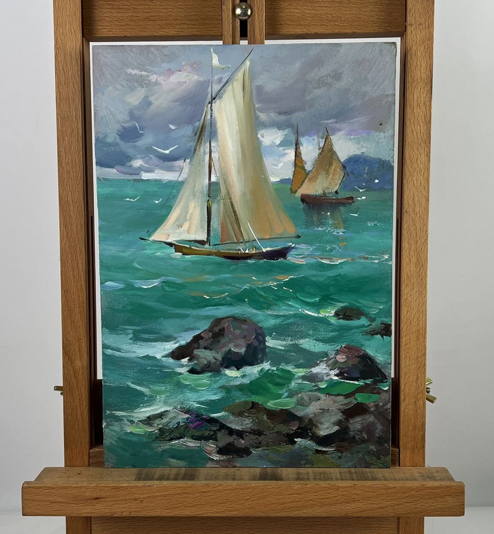 Oil painting The Ships Set Out into the Calm Sea Yuriy Suprunchuk: №AAA6497Oil painting The Ships Set Out into the Calm Sea Yuriy Suprunchuk captures a dynamic marine scene where elegant sailboats glide across emerald waters under a shifting sky. The