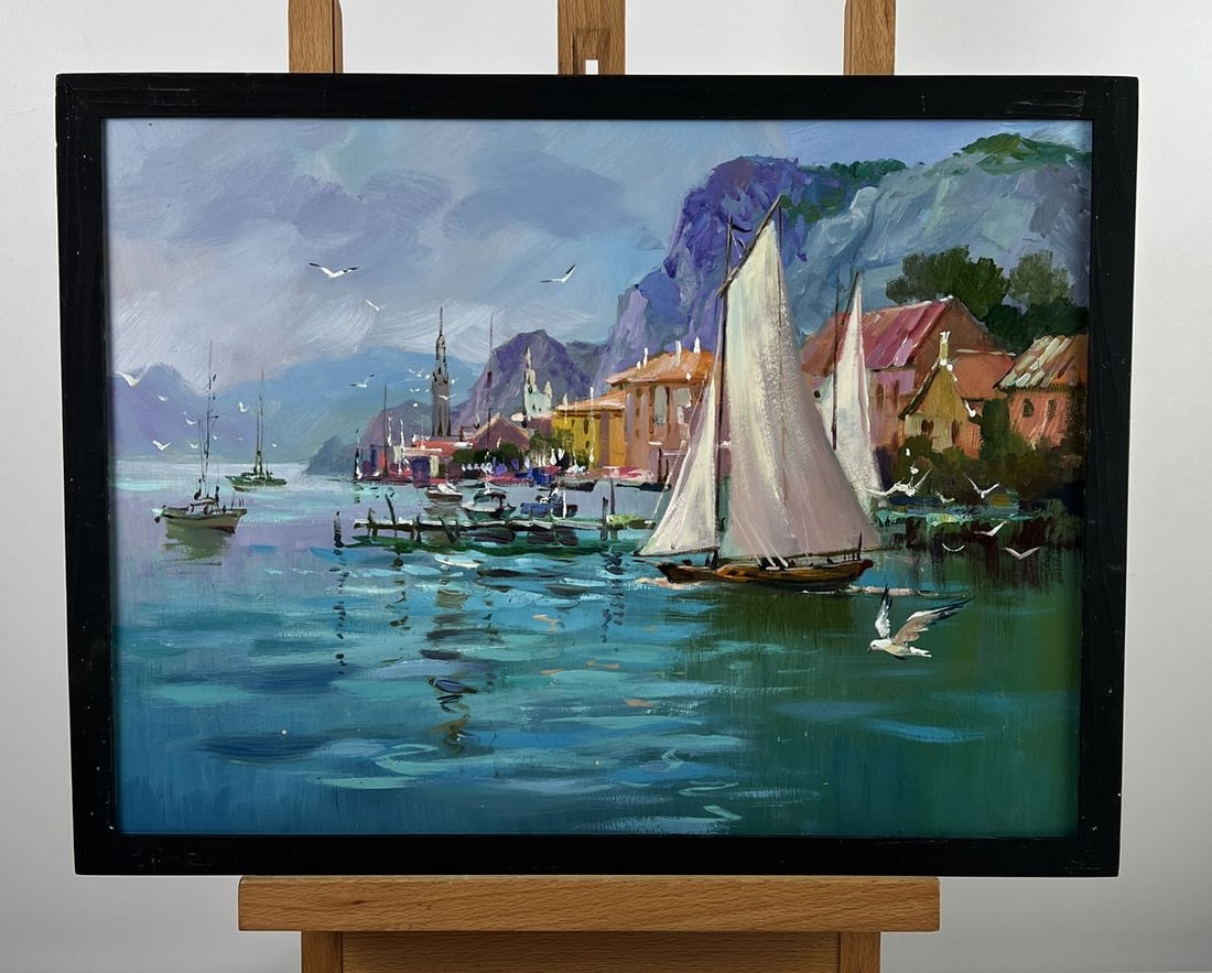 Oil painting Pier in Front of the City Yuriy Suprunchuk: №AAA6509Oil painting Pier in Front of the City Yuriy Suprunchuk is a refined coastal landscape that captures the peaceful elegance of a harbor town surrounded by mountains and shimmering
