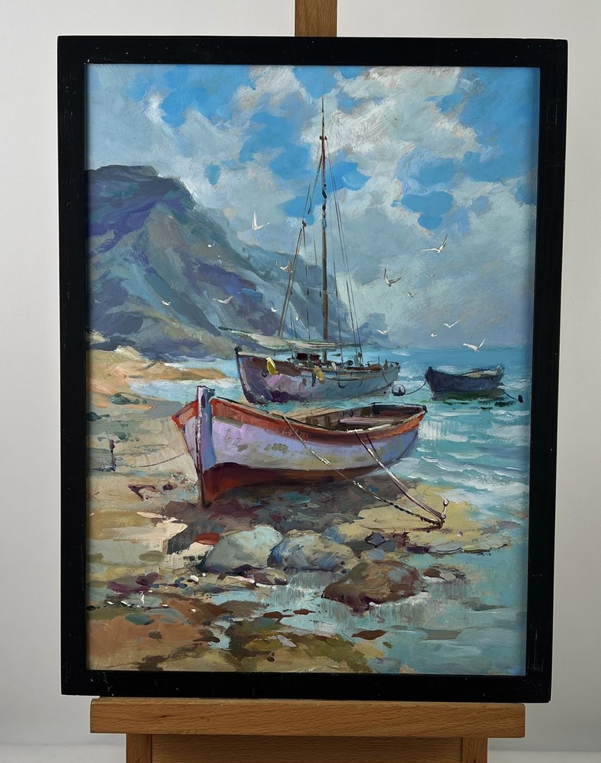Oil painting Boat and Barge Moored Yuriy Suprunchuk: №AAA6533*** ABOUT THIS PAINTING **** TITLE: "Boat and Barge Moored"* ARTISTS: Yuriy Suprunchuk* SIZE: 40x30 cm/15.74x11.81 inches'* MEDIUM: oil, hardboard* HAND PAINTED: Original painting from o