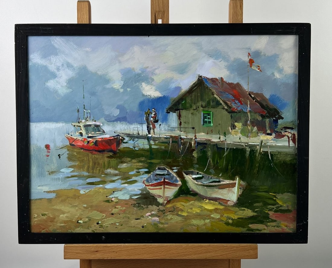 Oil painting House at the Sea Pier Yuriy Suprunchuk: №AAA6538*** ABOUT THIS PAINTING **** TITLE: "House at the Sea Pier"* ARTISTS: Yuriy Suprunchuk* SIZE: 30x40 cm/11.81x15.74 inches'* MEDIUM: oil, hardboard* HAND PAINTED: Original painting from o