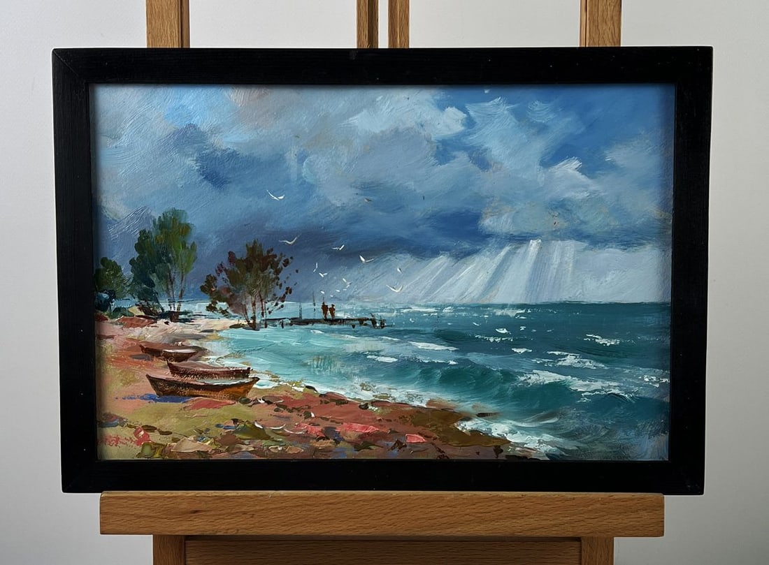 Oil painting Before the Storm at Sea Yuriy Suprunchuk: №AAA6542*** ABOUT THIS PAINTING **** TITLE: "Before the Storm at Sea"* ARTISTS: Yuriy Suprunchuk* SIZE: 20x30 cm/7.87x11.81 inches'* MEDIUM: oil, hardboard* HAND PAINTED: Original painting from 