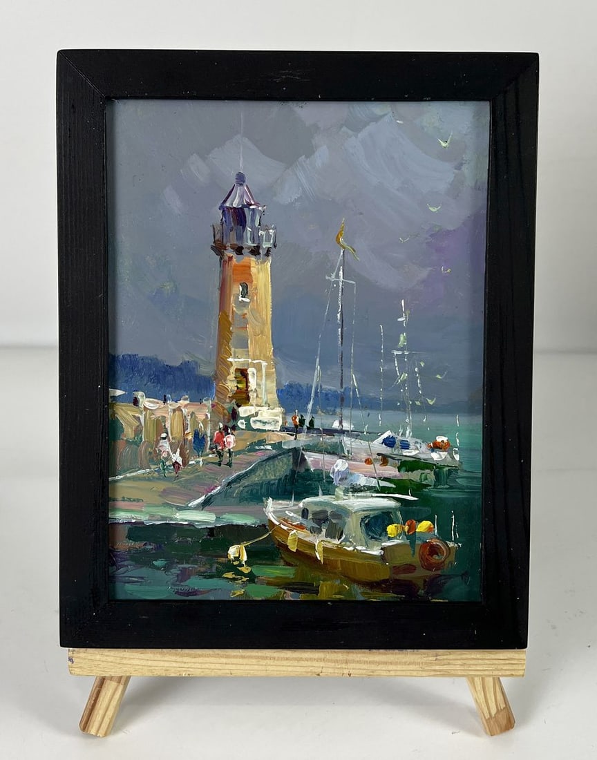 Oil painting Ships Moored at the Lighthouse Yuriy Suprunchuk: №AAA6553*** ABOUT THIS PAINTING **** TITLE: "Ships Moored at the Lighthouse"* ARTISTS: Yuriy Suprunchuk* SIZE: 20x15 cm/7.87x5.90 inches'* MEDIUM: oil, hardboard* HAND PAINTED: Original painting
