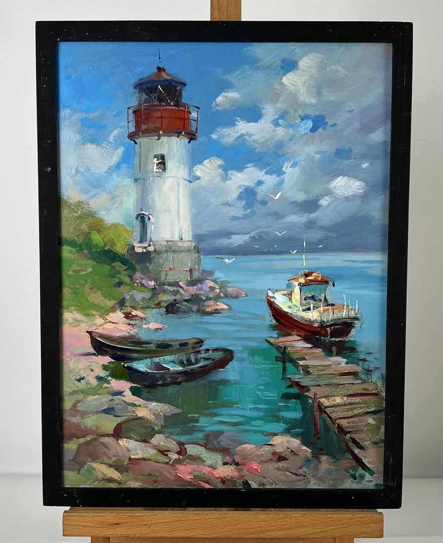Oil painting Lighthouse by the Calm Sea Yuriy Suprunchuk: №AAA6557*** ABOUT THIS PAINTING **** TITLE: "Lighthouse by the Calm Sea"* ARTISTS: Yuriy Suprunchuk* SIZE: 40x30 cm/15.74x11.81 inches'* MEDIUM: oil, hardboard* HAND PAINTED: Original painting