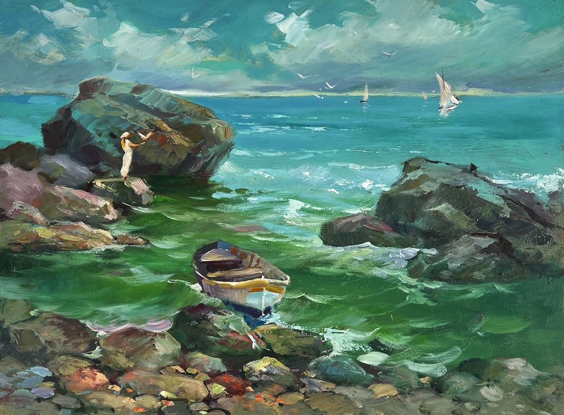 Oil painting A Boat is Moored on a Rocky Shore Yuriy Suprunchuk - 5