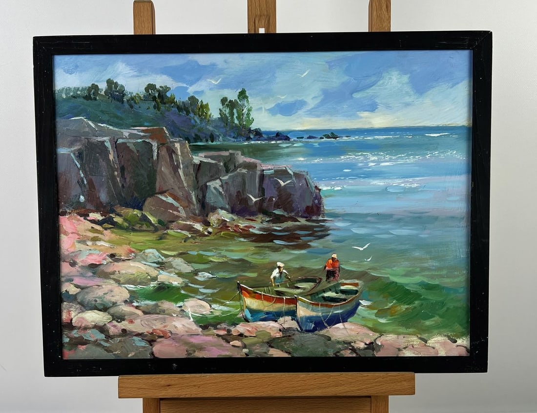 Oil painting Two Boats at the Rocky Coast Yuriy Suprunchuk: №AAA6572*** ABOUT THIS PAINTING **** TITLE: "Two Boats at the Rocky Coast"* ARTISTS: Yuriy Suprunchuk* SIZE: 30x40 cm/11.81x15.74 inches'* MEDIUM: oil, hardboard* HAND PAINTED: Original