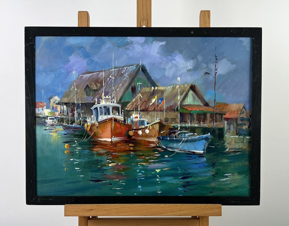 Oil painting Pier for fishing boats at sea Yuriy Suprunchuk: №AAA6575*** ABOUT THIS PAINTING **** TITLE: "Pier for fishing boats at sea"* ARTISTS: Yuriy Suprunchuk* SIZE: 30x40 cm/11.81x15.74 inches'* MEDIUM: oil, hardboard* HAND PAINTED: Original paintin