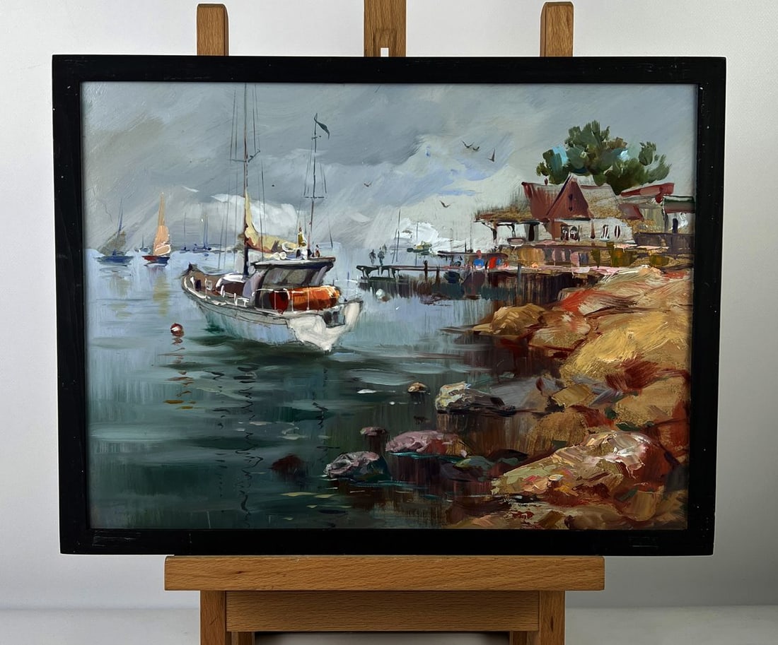 Oil painting Sea Harbor Before the Storm Yuriy Suprunchuk: №AAA6358*** ABOUT THIS PAINTING **** TITLE: "Sea Harbor Before the Storm"* ARTISTS: Yuriy Suprunchuk* SIZE: 30x40 cm/11.81x15.74 inches'* MEDIUM: oil, hardboard* HAND PAINTED: Original painting 