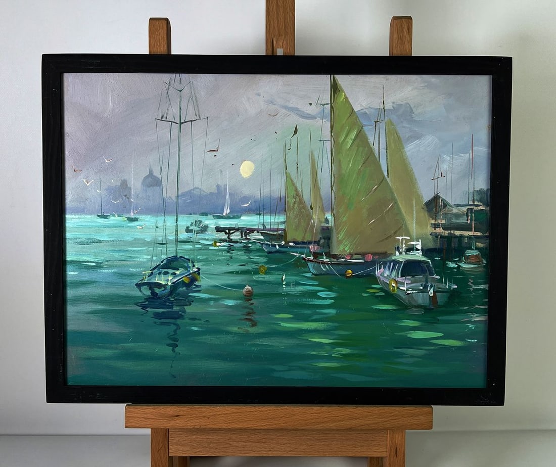 Oil painting Ships at the pier Yuriy Suprunchuk: №AAA6137*** ABOUT THIS PAINTING **** TITLE: "Ships at the pier"* ARTISTS: Yuriy Suprunchuk* SIZE: 30x40 cm/11.81x15.74 inches'* MEDIUM: oil, hardboard* HAND PAINTED: Original painting from our