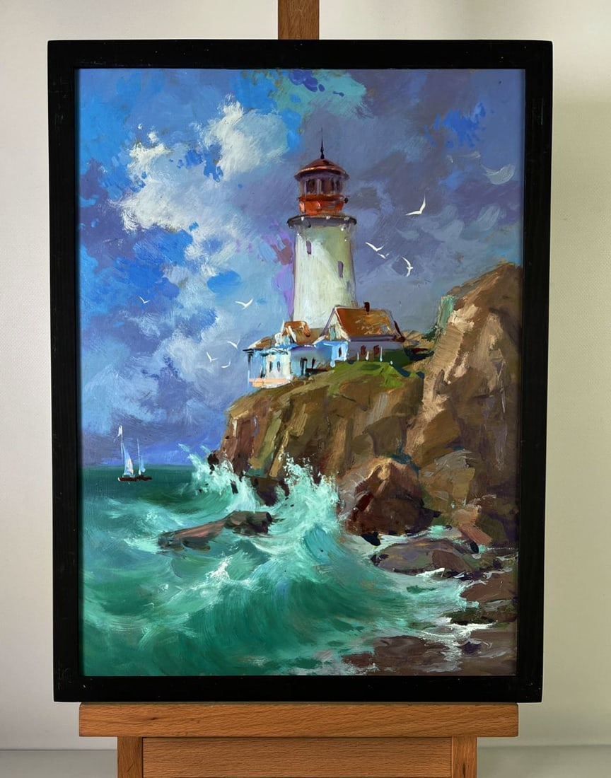 Oil painting Lighthouse on the rock Yuriy Suprunchuk: №AAA6141*** ABOUT THIS PAINTING **** TITLE: "Lighthouse on the rock"* ARTISTS: Yuriy Suprunchuk* SIZE: 40x30 cm/15.74x11.81 inches'* MEDIUM: oil, hardboard* HAND PAINTED: Original painting from 