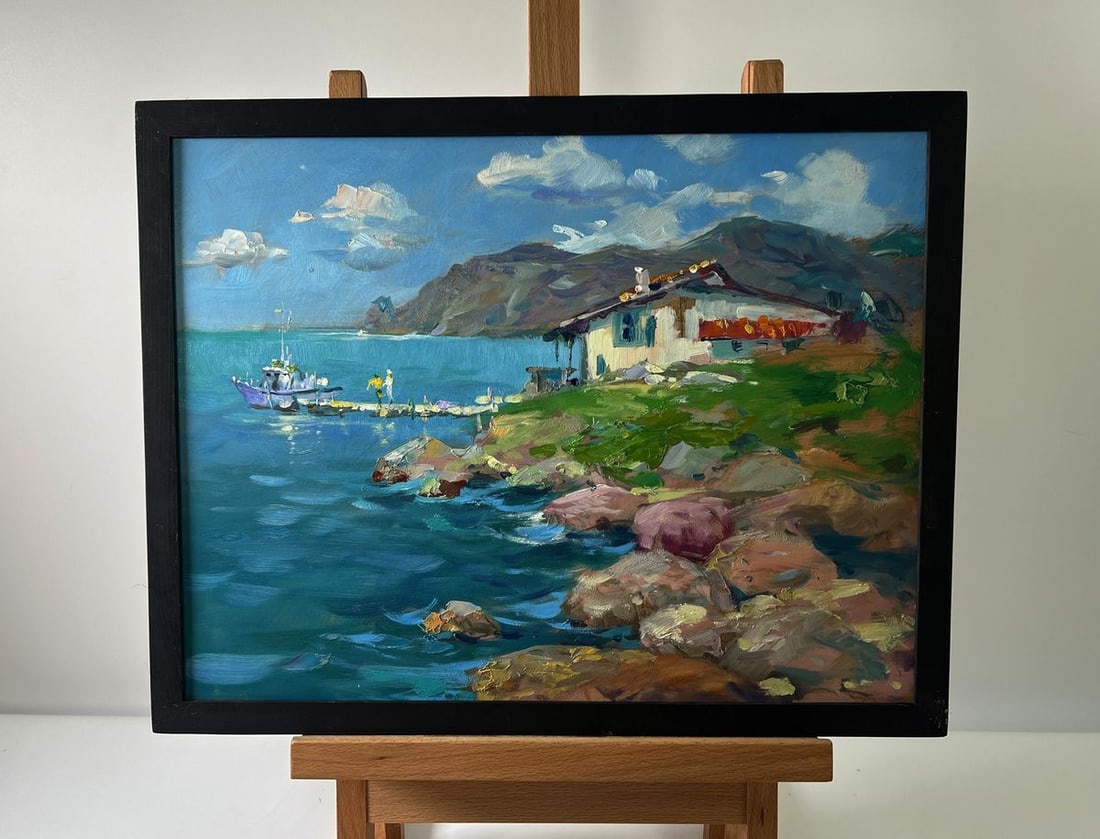 Oil painting House by the sea Yuriy Suprunchuk: №AAA5692The Oil painting Cardboard titled "House by the sea" captures the tranquil charm of coastal life, where land, water, and sky converge in a harmonious composition. The scene unfolds with 