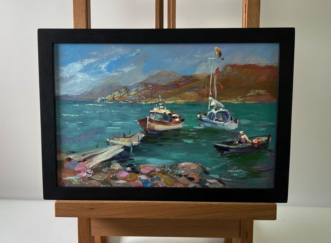 Oil painting Boats on the seashore Yuriy Suprunchuk: №AAA5709The Oil painting Cardboard titled "Boats on the seashore" captures the dynamic atmosphere of a coastal scene, where the vibrant meeting of land, water, and human presence unfolds in a ha