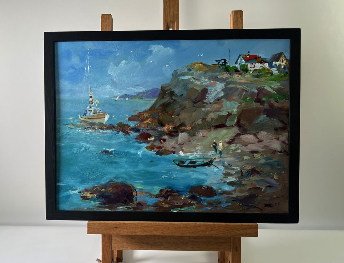 Oil painting Shore with a boat Yuriy Suprunchuk: №AAA5760The Oil painting Cardboard titled "Shore with a boat" captures a lively and atmospheric coastal scene, where the raw beauty of nature meets the simple rhythms of human life. The composit