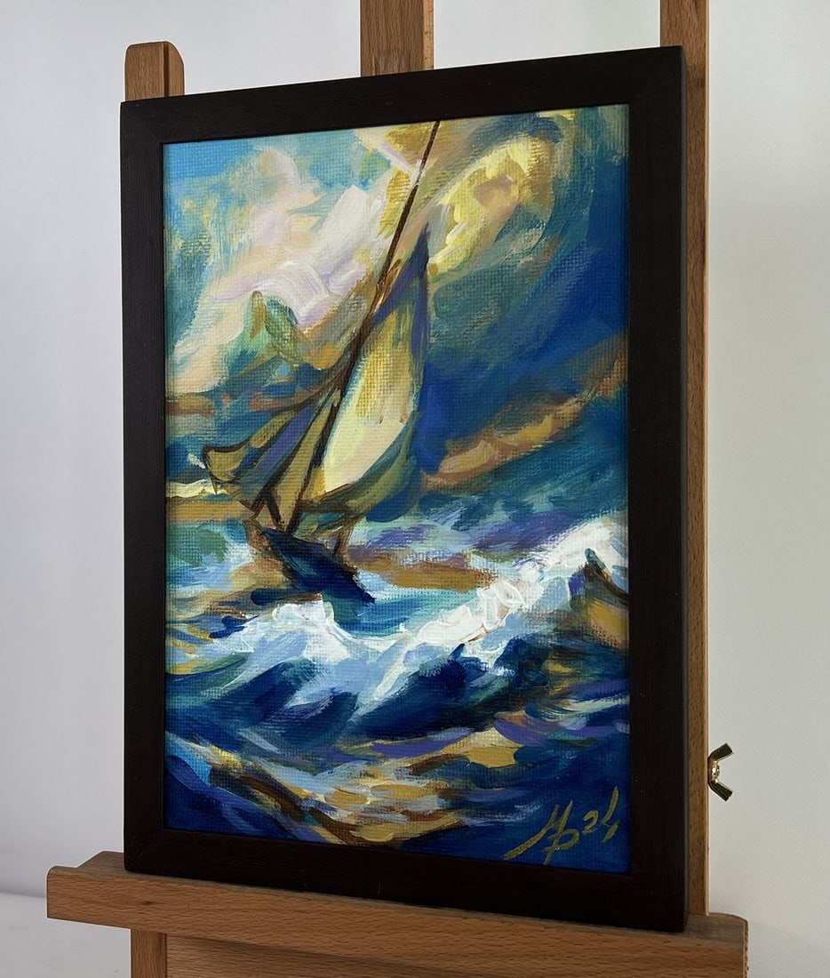 Acrylic painting Sailboat in a stormy sea Mykhailo Patskan - 5