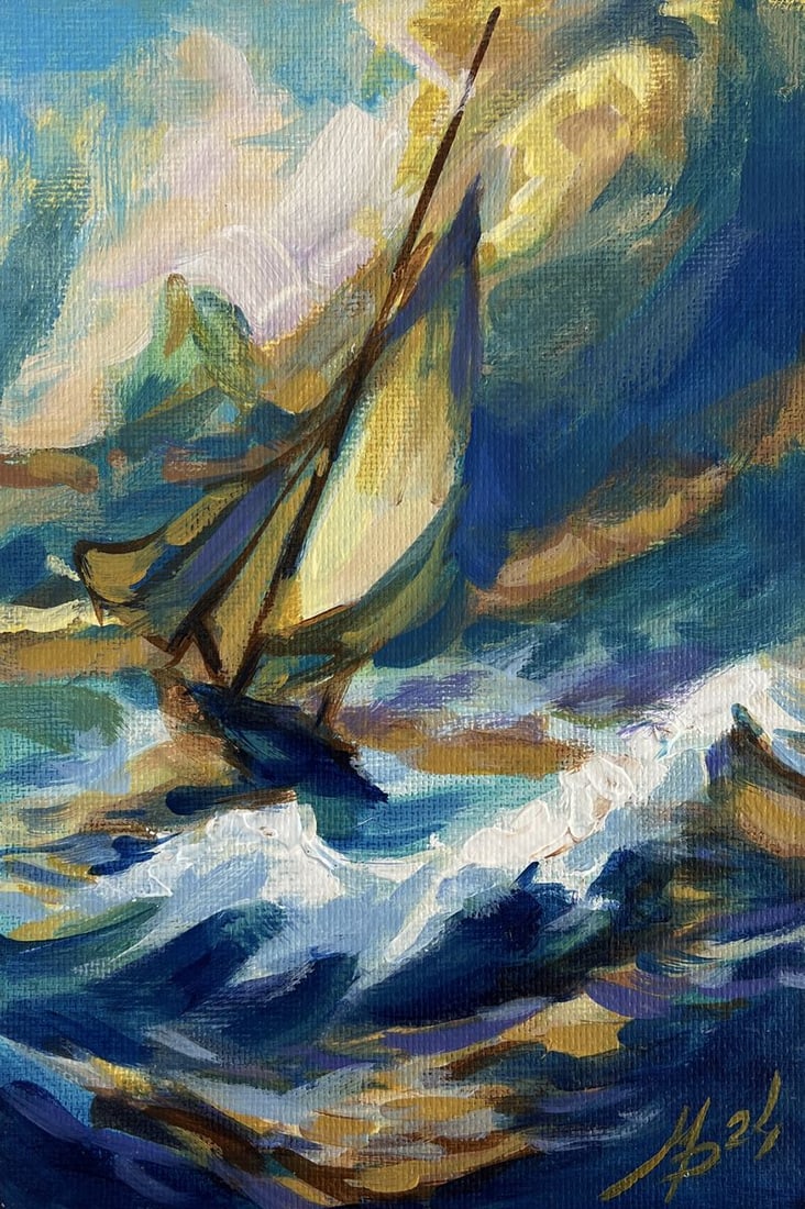 Acrylic painting Sailboat in a stormy sea Mykhailo Patskan - 6