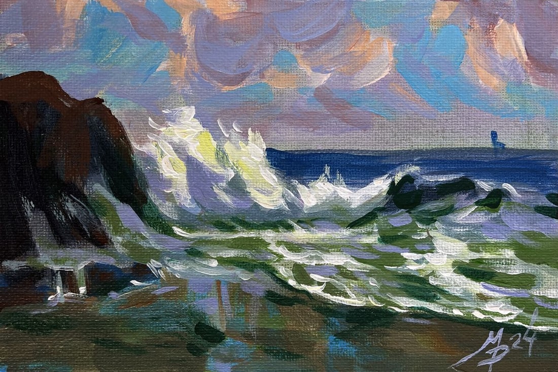 Acrylic painting Foamy surf and cold rocks Mykhailo Patskan - 6