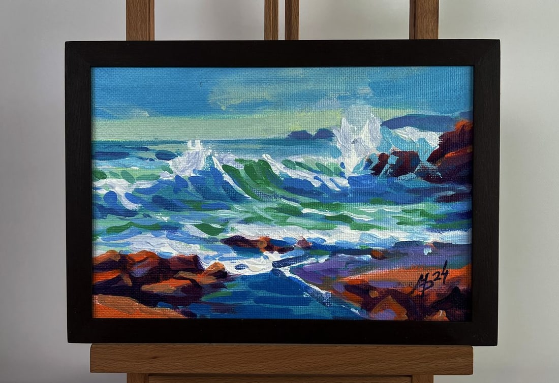 Acrylic painting The sound of sea waves Mykhailo Patskan: №AAA4857The acrylic painting on cardboard titled "The Sound of Sea Waves" is a vibrant and expressive depiction of the ocean's untamed beauty, capturing the rhythmic dance of waves as they