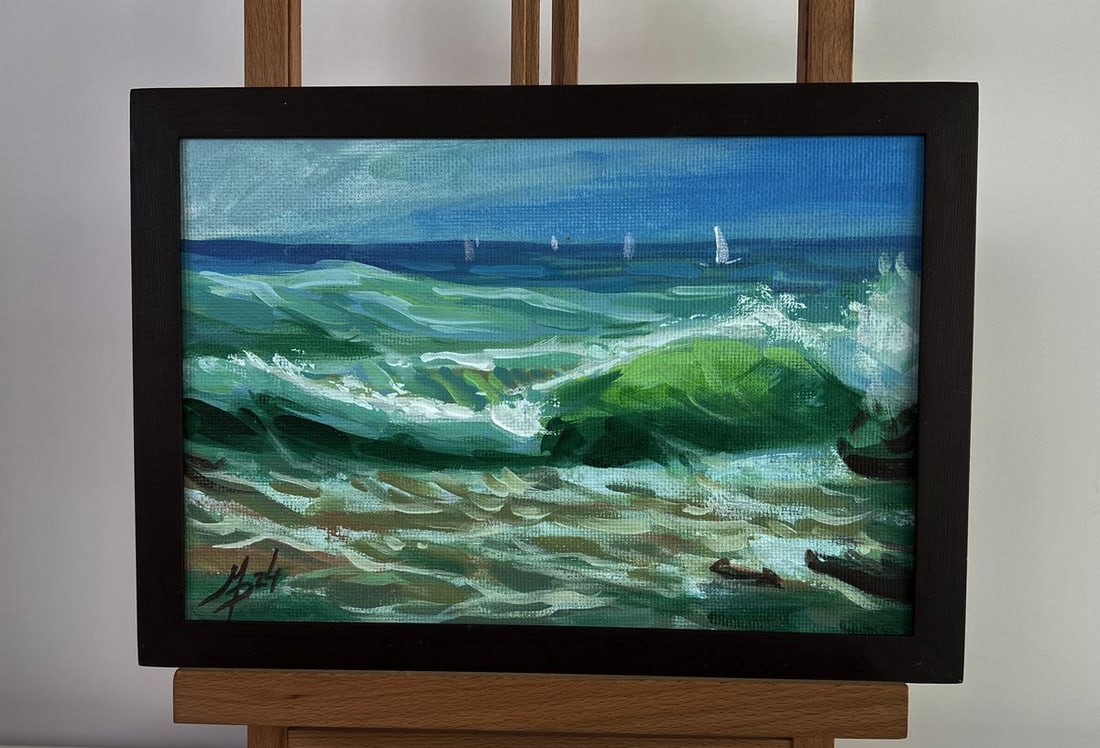 Acrylic painting Yachts are sailing in the sea Mykhailo Patskan: №AAA4861The acrylic painting on cardboard titled "Yachts are Sailing in the Sea" is an expressive and dynamic depiction of the ocean’s energy and movement. The artist has captured the beau