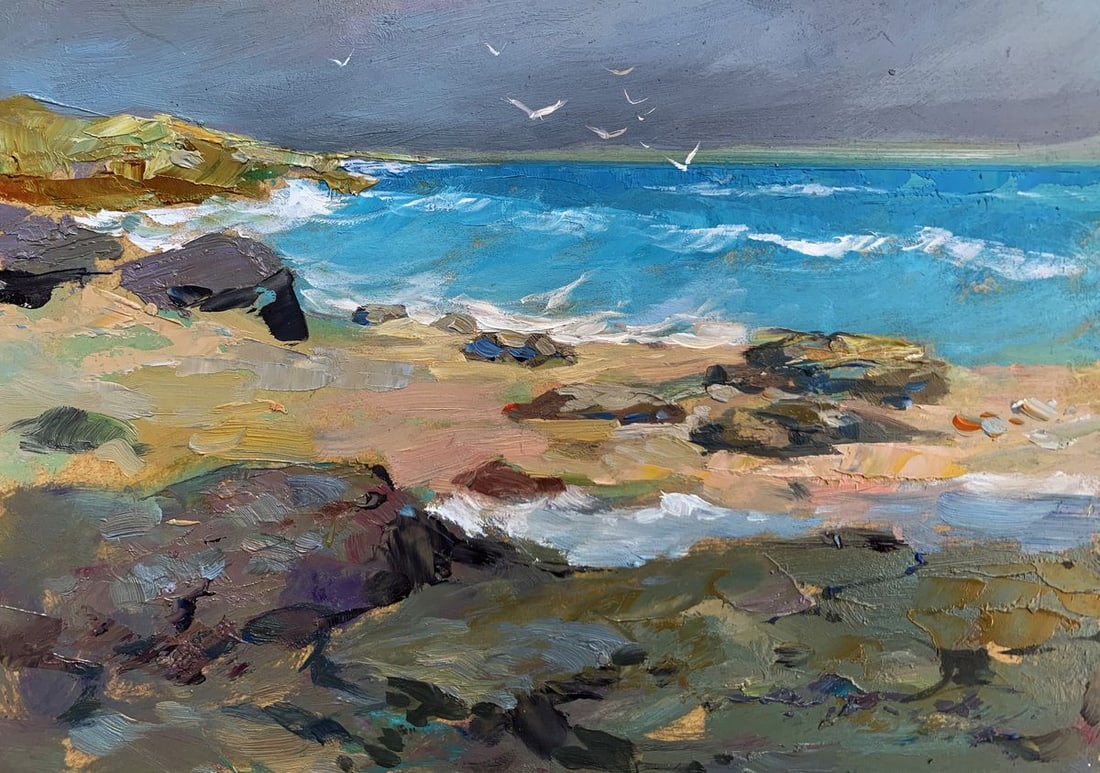 Oil painting White seagulls on the seashore Yuriy Suprunchuk: №AAA3645The painting "White Seagulls on the Seashore" captures the rugged beauty and dynamic energy of a coastal landscape, where the vibrant blue of the sea meets the muted tones of a rocky